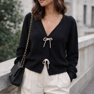 Express Black Cardigan with Cream Bow Details